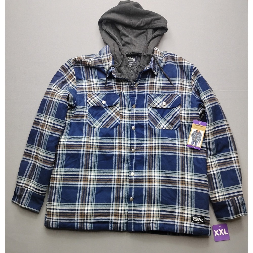 Eddie Bauer Mens Hooded Shirt Jacket Plaid Blue Brown XXL